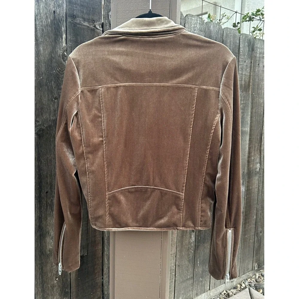 BLANKNYC Womens Small Velvet Moto Jacket Taupe Brown Cropped Zip Biker - Picture 4 of 14